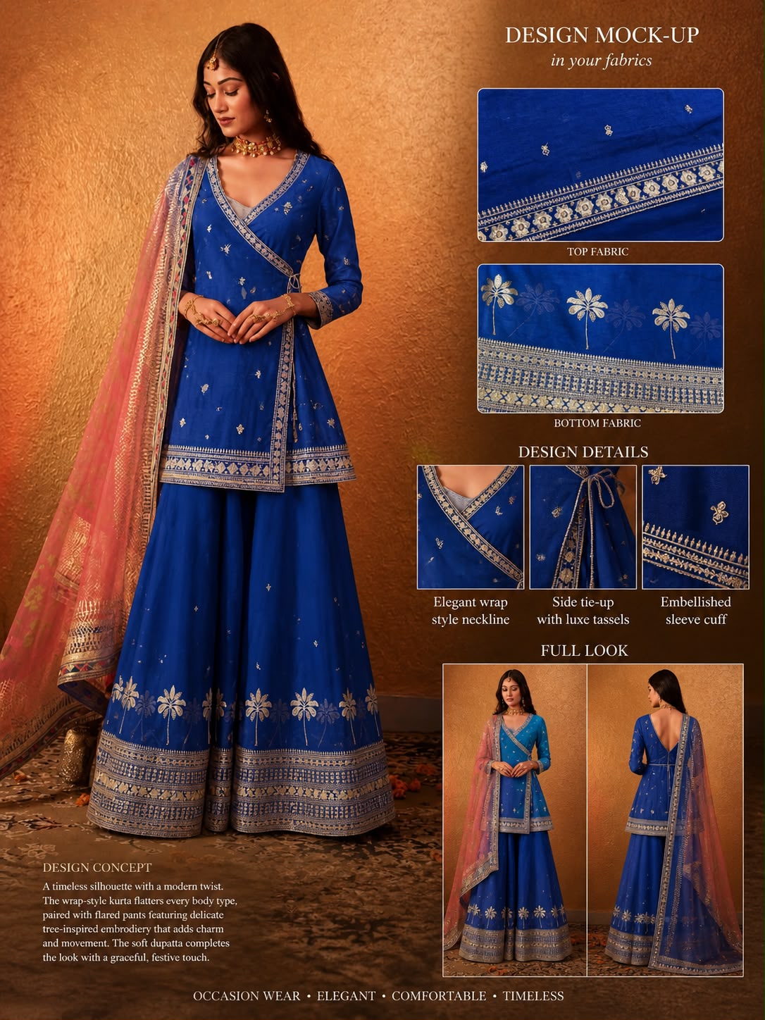 Royal Blue Wrap Kurta Set with Flared Palazzo & Organza Dupatta